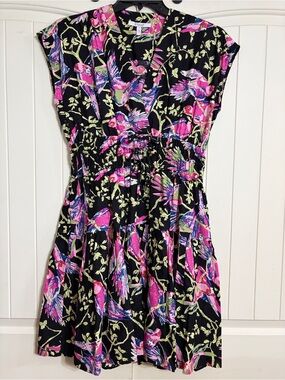 Derek Lam 10 Crosby Black Dress with Pink and Lime Floral Bird Print Size 12